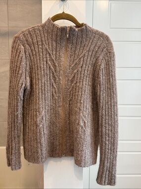 Taupe Ribbed Zip-Front Women's Cardigan Sweater